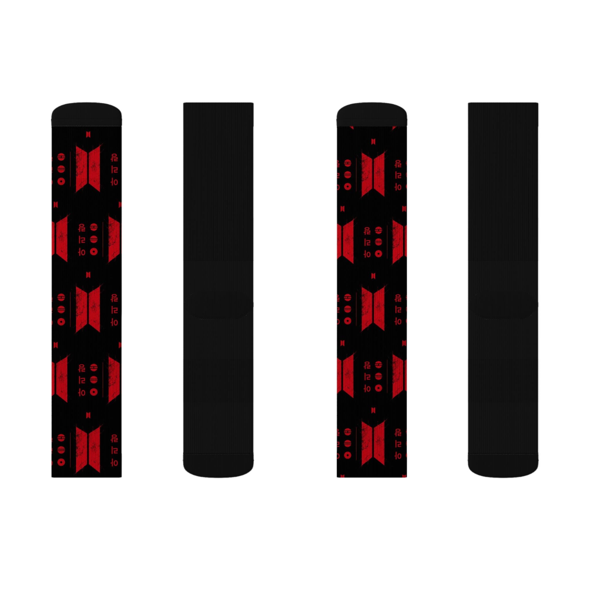 BTS Black & Red Geometric Sublimation Socks — Bold Pattern Crew Socks