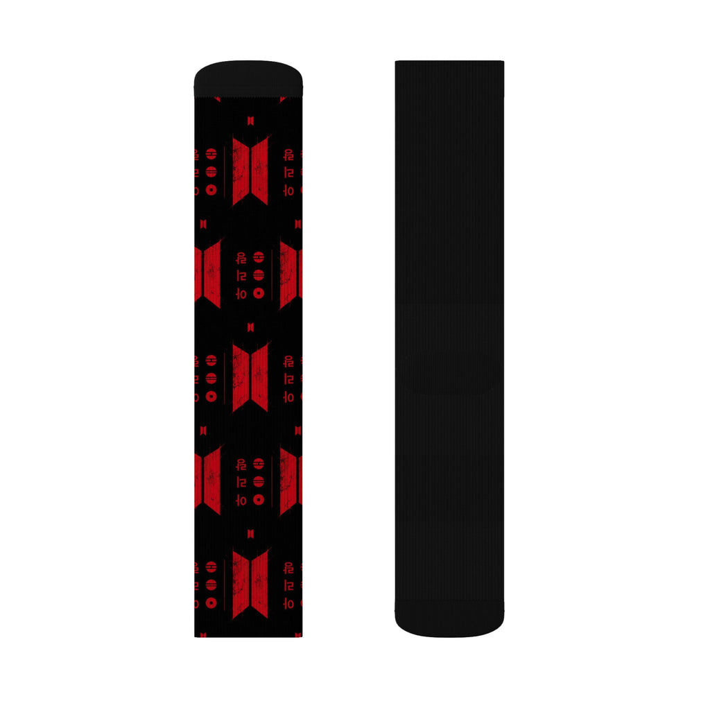 BTS Black & Red Geometric Sublimation Socks — Bold Pattern Crew Socks