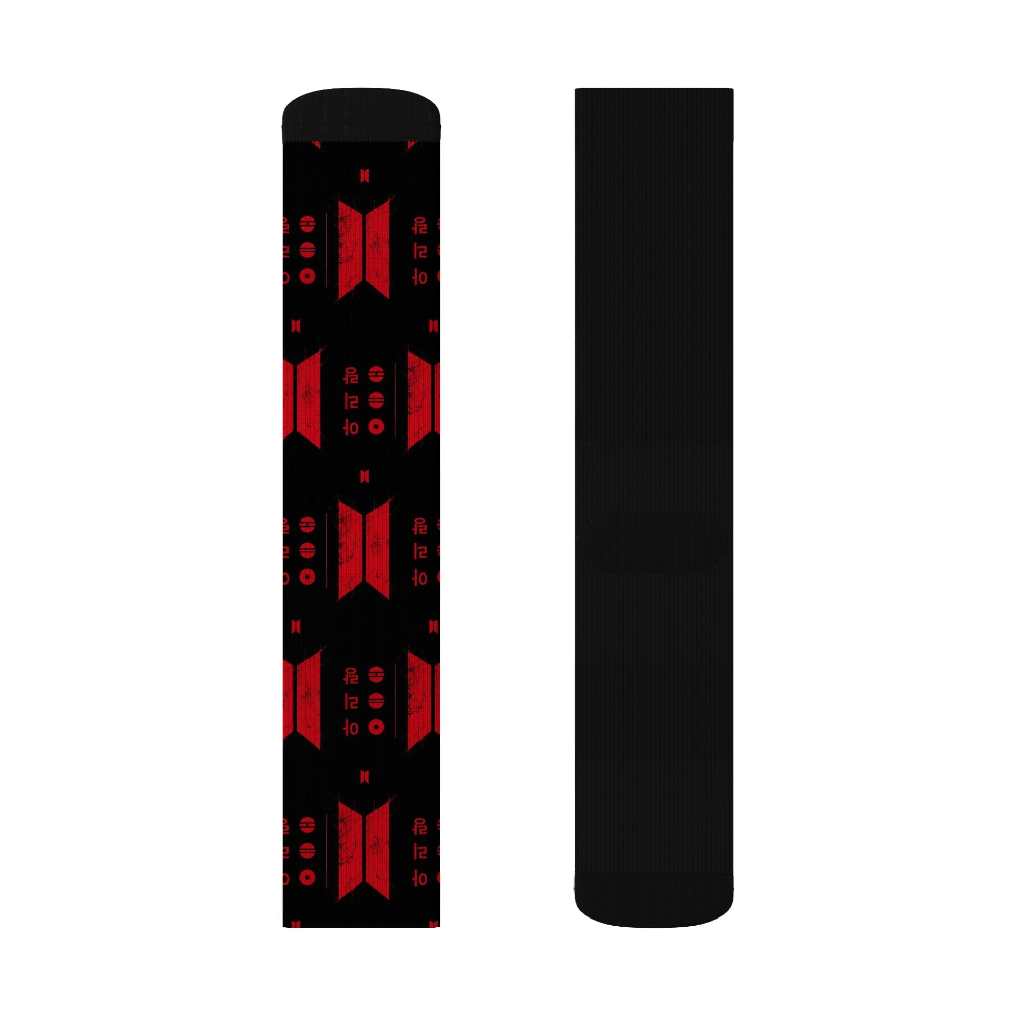 BTS Black & Red Geometric Sublimation Socks — Bold Pattern Crew Socks