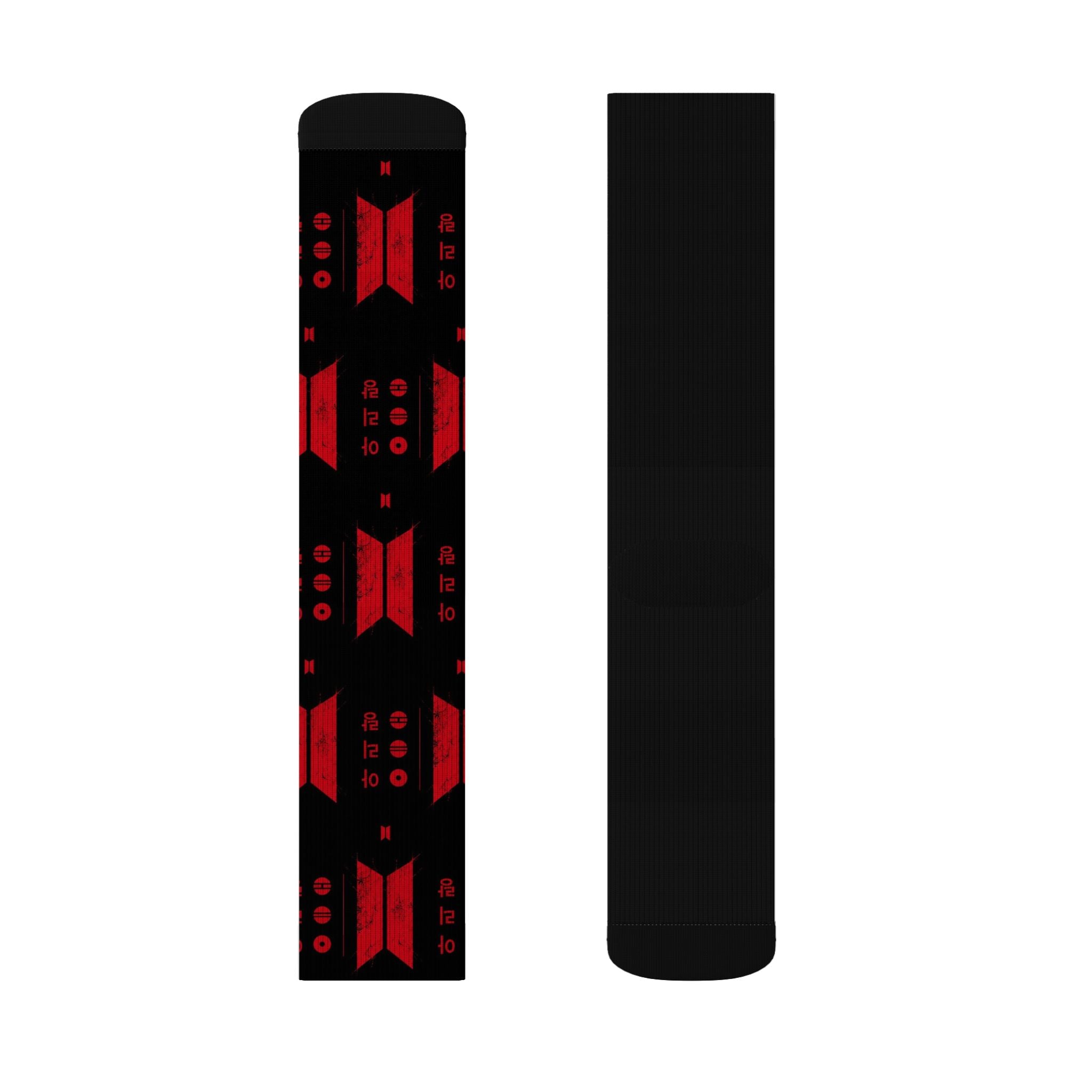 BTS Black & Red Geometric Sublimation Socks — Bold Pattern Crew Socks