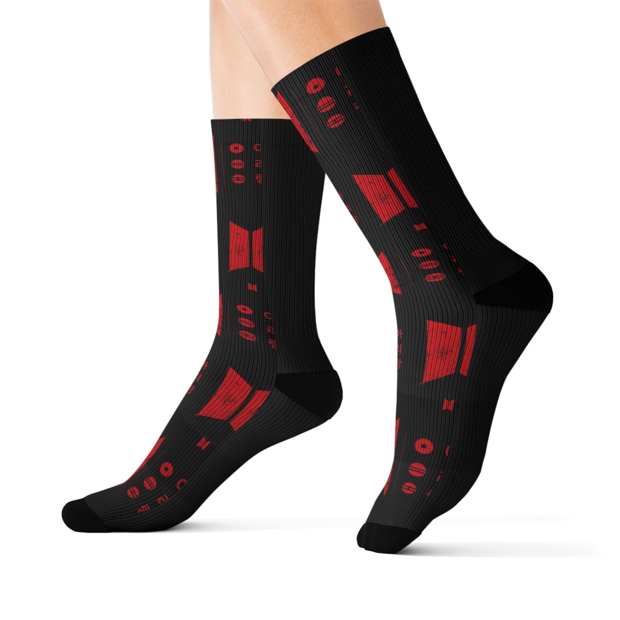 BTS Black & Red Geometric Sublimation Socks — Bold Pattern Crew Socks